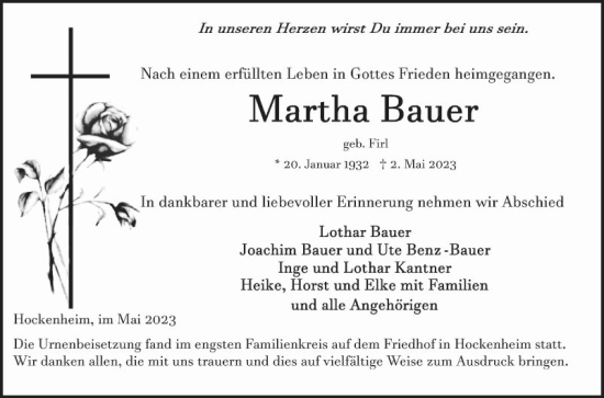 Traueranzeige von Martha Bauer von Schwetzinger Zeitung