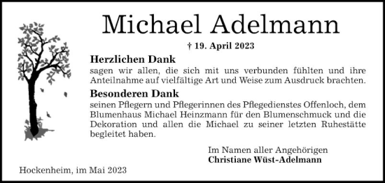 Traueranzeige von Michael Adelmann von Schwetzinger Zeitung