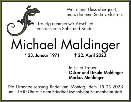 Traueranzeige von Michael Maldinger von Mannheimer Morgen