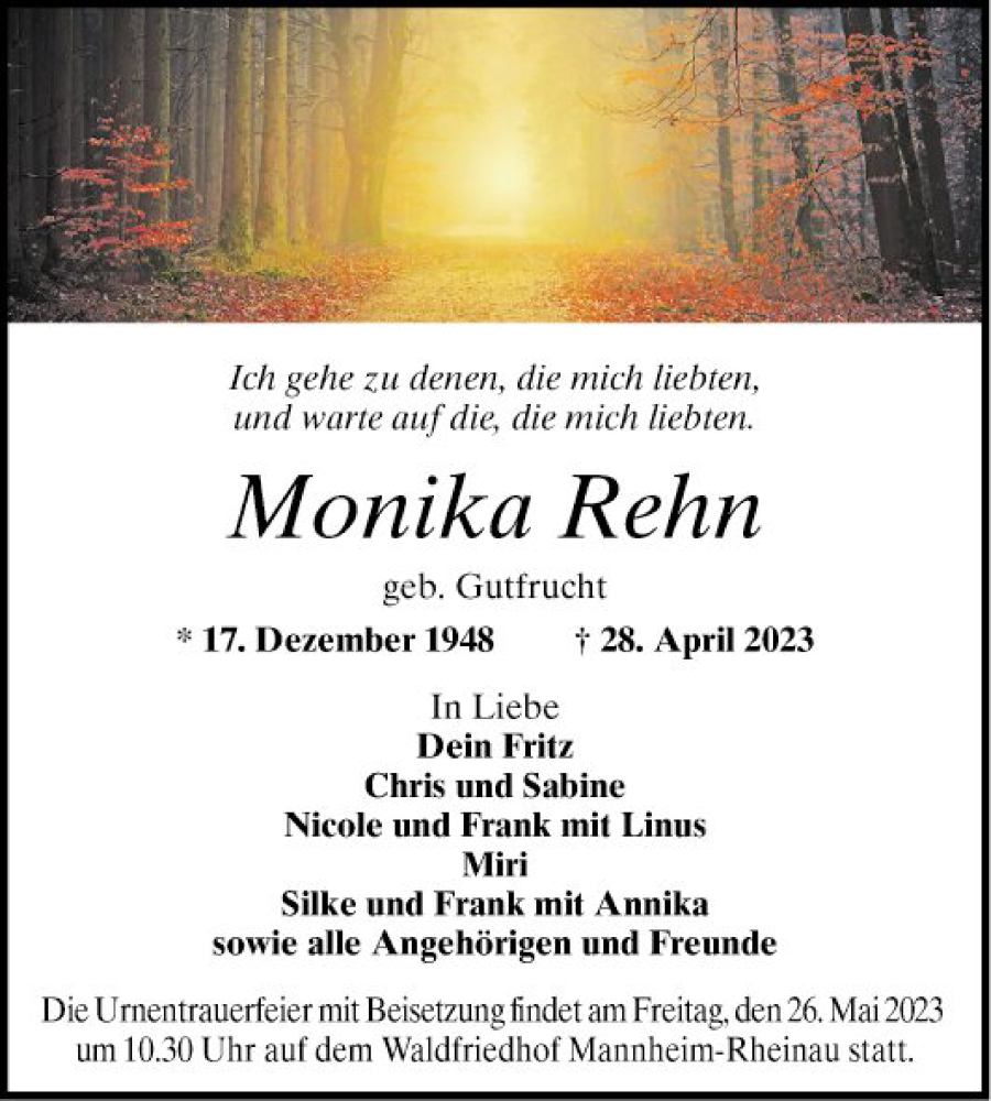  Traueranzeige für Monika Rehn vom 20.05.2023 aus Mannheimer Morgen