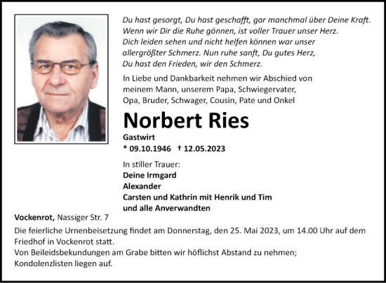 Traueranzeige von Norbert Ries von Fränkische Nachrichten