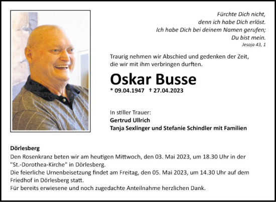 Traueranzeige von Oskar Busse von Fränkische Nachrichten