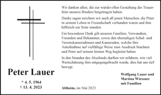 Traueranzeige von Peter Lauer von Fränkische Nachrichten