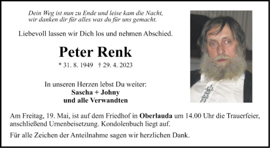 Traueranzeige von Peter Renk von Fränkische Nachrichten