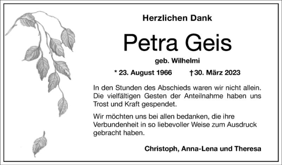 Traueranzeige von Petra Geis von Bergsträßer Anzeiger