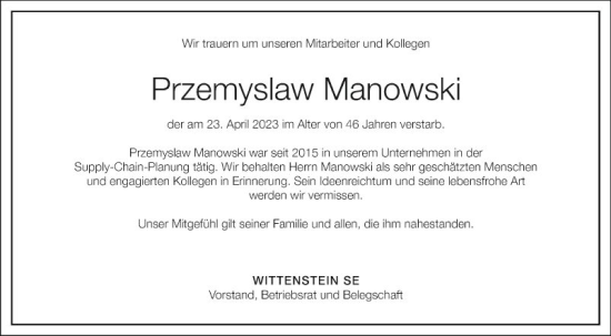 Traueranzeige von Przemyslaw Manowski von Fränkische Nachrichten