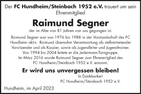 Traueranzeige von Raimund Segner von Fränkische Nachrichten