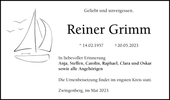 Traueranzeige von Reiner Grimm von Bergsträßer Anzeiger