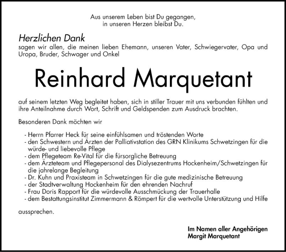  Traueranzeige für Reinhardt Marquetant vom 27.05.2023 aus Schwetzinger Zeitung