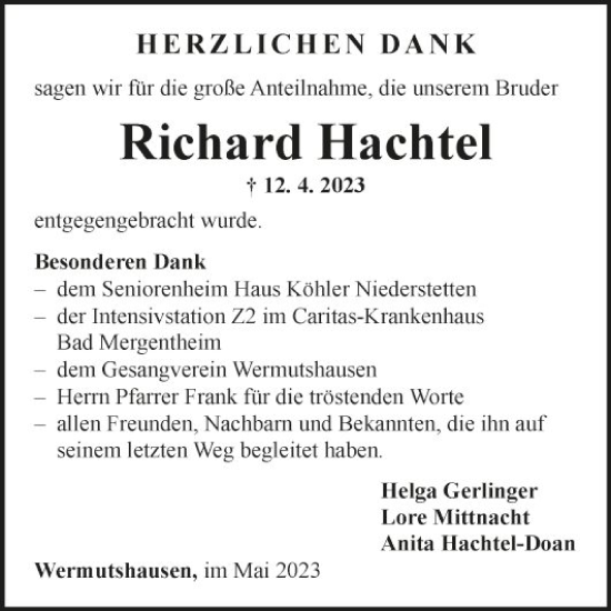 Traueranzeige von Richard Hachtel von Fränkische Nachrichten