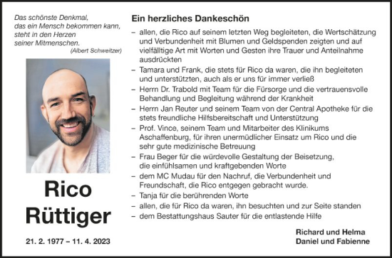 Traueranzeige von Rico Rüttiger von Fränkische Nachrichten