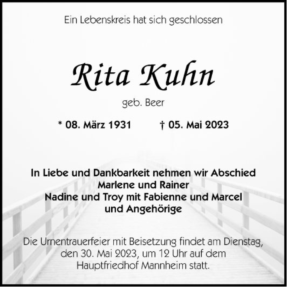 Traueranzeige für Rita Kuhn vom 20.05.2023 aus Mannheimer Morgen