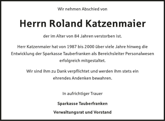 Traueranzeige von Roland Katzenmaier von Fränkische Nachrichten