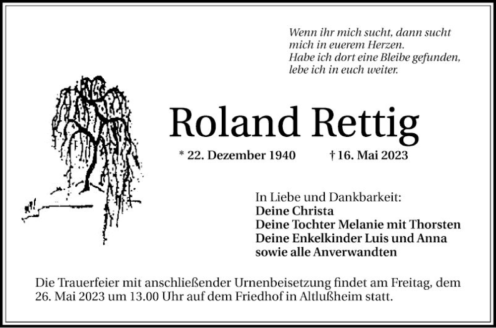  Traueranzeige für Roland Rettig vom 24.05.2023 aus Schwetzinger Zeitung