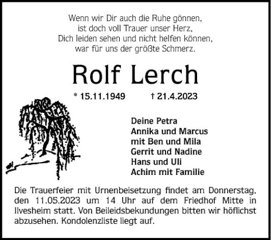 Traueranzeige von Rolf Lerch von Mannheimer Morgen