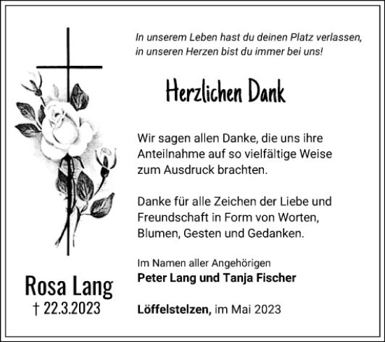 Traueranzeige von Rosa Lang von Fränkische Nachrichten