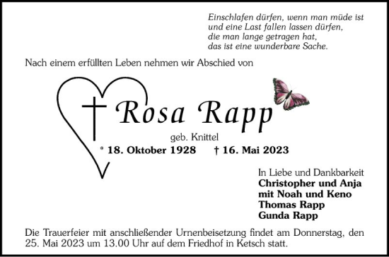 Traueranzeigen Von Rosa Rapp | Trauerportal Ihrer Tageszeitung