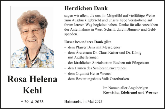 Traueranzeige von Rosa Helena Kehl von Fränkische Nachrichten