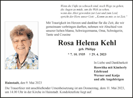 Traueranzeige von Rosa Helena Kehl von Fränkische Nachrichten