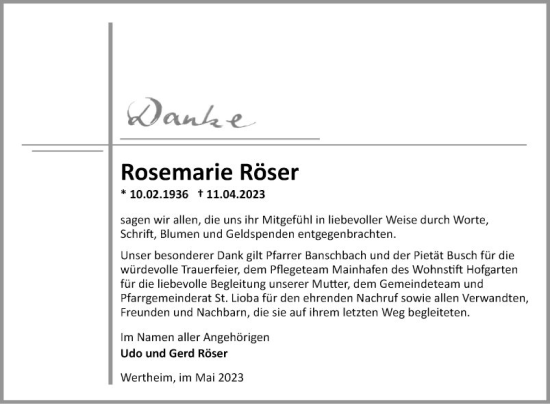 Traueranzeige von Rosemarie Reiser von Fränkische Nachrichten