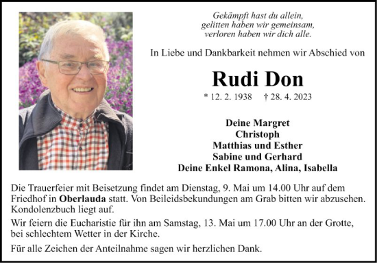 Traueranzeige von Rudi Don von Fränkische Nachrichten