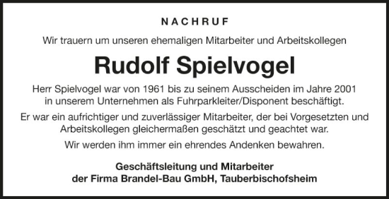 Traueranzeige von Rudolf Spielvogel von Fränkische Nachrichten