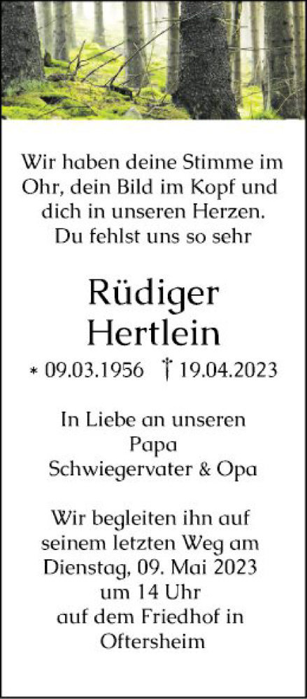 Traueranzeige von Rüdiger Hertlein von Schwetzinger Zeitung