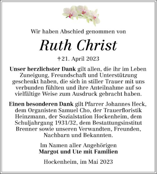 Traueranzeige von Ruth Christ von Schwetzinger Zeitung