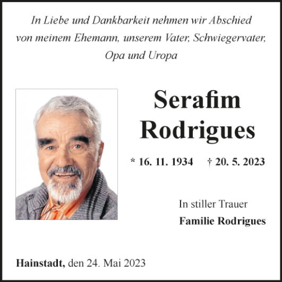 Traueranzeige von Serafim Rodrigues von Fränkische Nachrichten