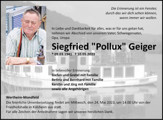 Traueranzeige von Siegfried Geiger von Fränkische Nachrichten