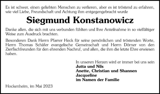 Traueranzeige von Siegmund Konstanowicz von Schwetzinger Zeitung