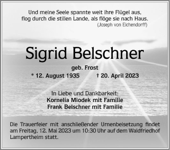 Traueranzeige von Sigrid Belschner von Mannheimer Morgen