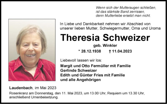 Traueranzeige von Theresia Schweizer von Fränkische Nachrichten