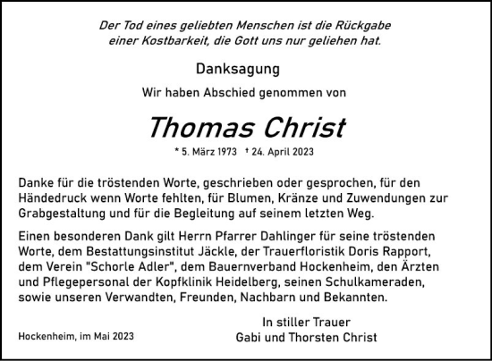 Traueranzeige von Thomas Christ von Schwetzinger Zeitung