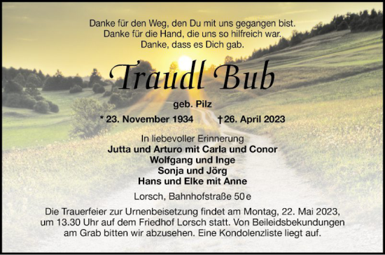 Traueranzeige von Traudl Bub von Bergsträßer Anzeiger