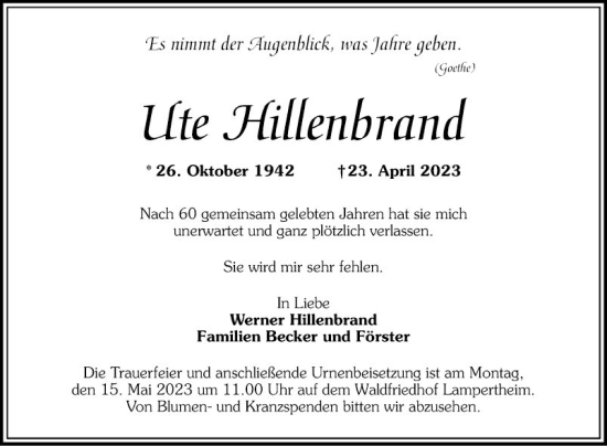 Traueranzeige von Ute Hilenbrand von Mannheimer Morgen