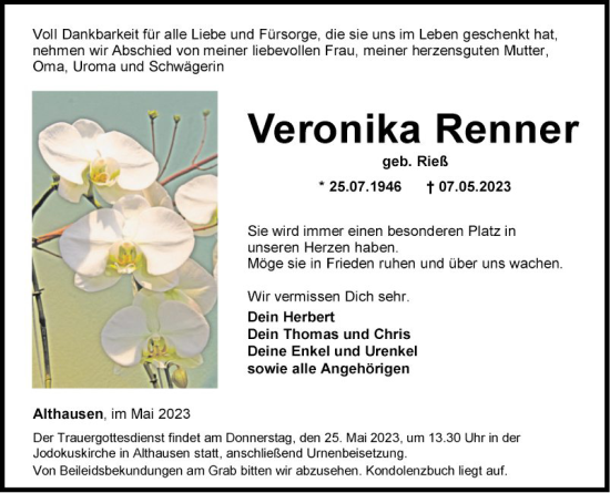 Traueranzeige von Veronika Renner von Fränkische Nachrichten