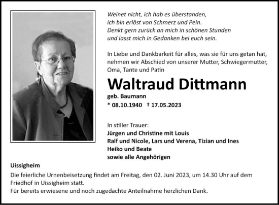 Traueranzeige von Waltraud Dittmann von Fränkische Nachrichten