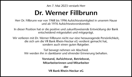 Traueranzeige von Werner Fillbrunn von Mannheimer Morgen