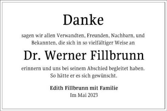 Traueranzeige von Werner Fillbrunn von Mannheimer Morgen