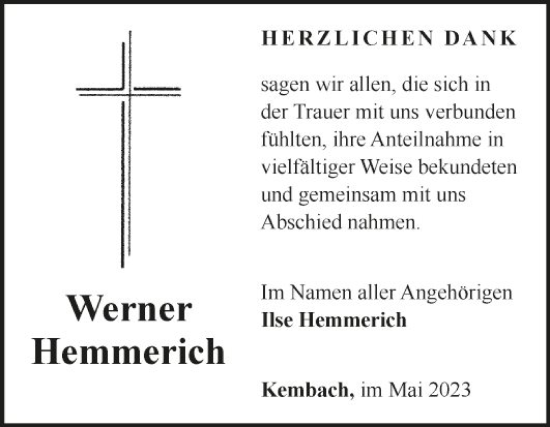 Traueranzeige von Werner Hemmerich von Fränkische Nachrichten