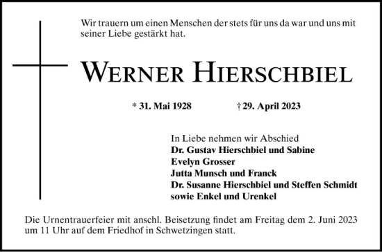 Traueranzeige von Werner Hierschbiel von Schwetzinger Zeitung