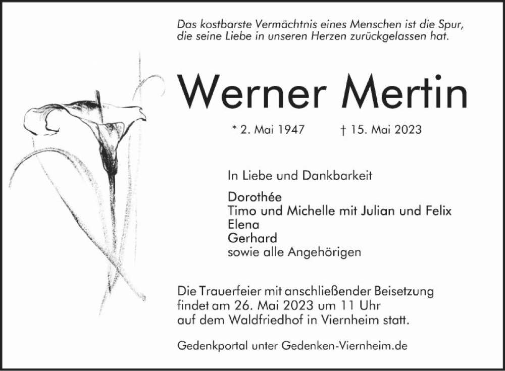  Traueranzeige für Werner Mertin vom 24.05.2023 aus Mannheimer Morgen