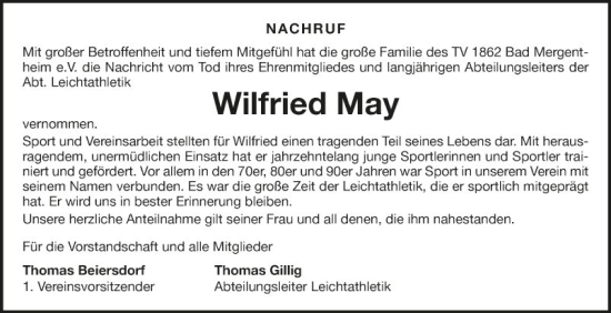 Traueranzeige von Wilfried May von Fränkische Nachrichten