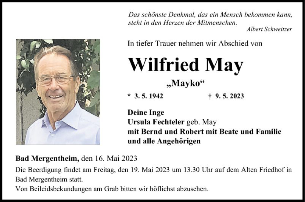  Traueranzeige für Wilfried May vom 16.05.2023 aus Fränkische Nachrichten