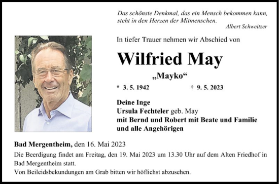 Traueranzeige von Wilfried May von Fränkische Nachrichten