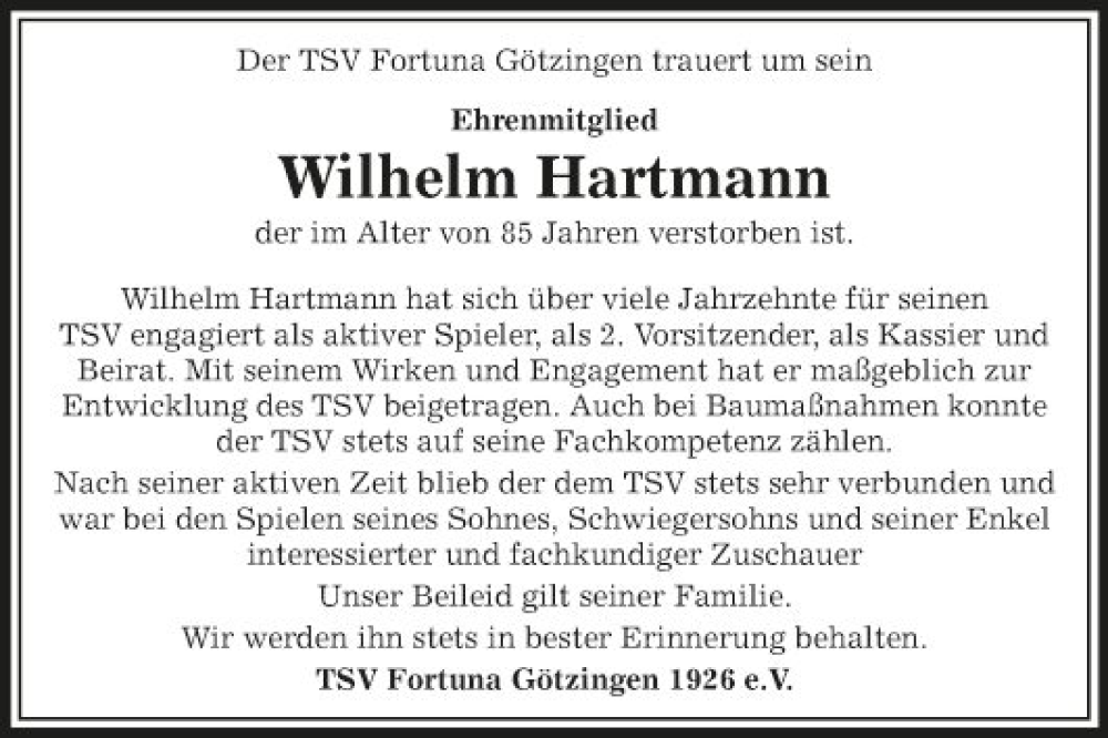  Traueranzeige für Wilhelm Hartmann vom 01.06.2023 aus Fränkische Nachrichten