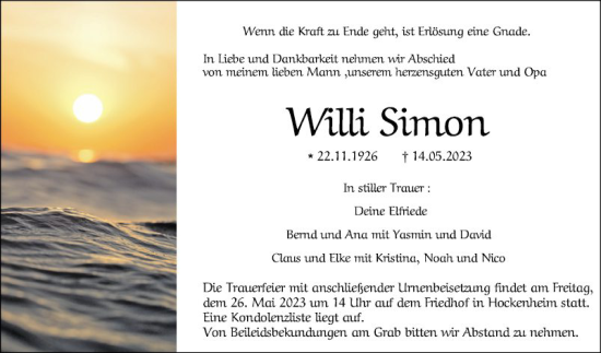 Traueranzeige von Willi Simon von Schwetzinger Zeitung