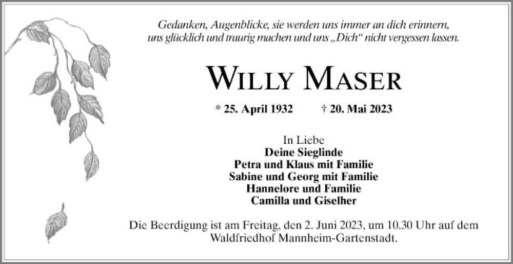  Traueranzeige für Willy Maser vom 27.05.2023 aus Mannheimer Morgen