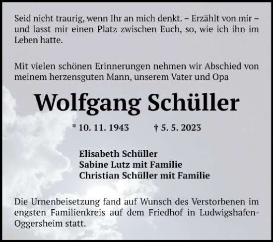 Traueranzeige von Wolfgang Schüller von Mannheimer Morgen